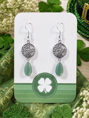 Handmade Silver Tone Green Dangle Earrings St Patrick’s Day (Version 1)